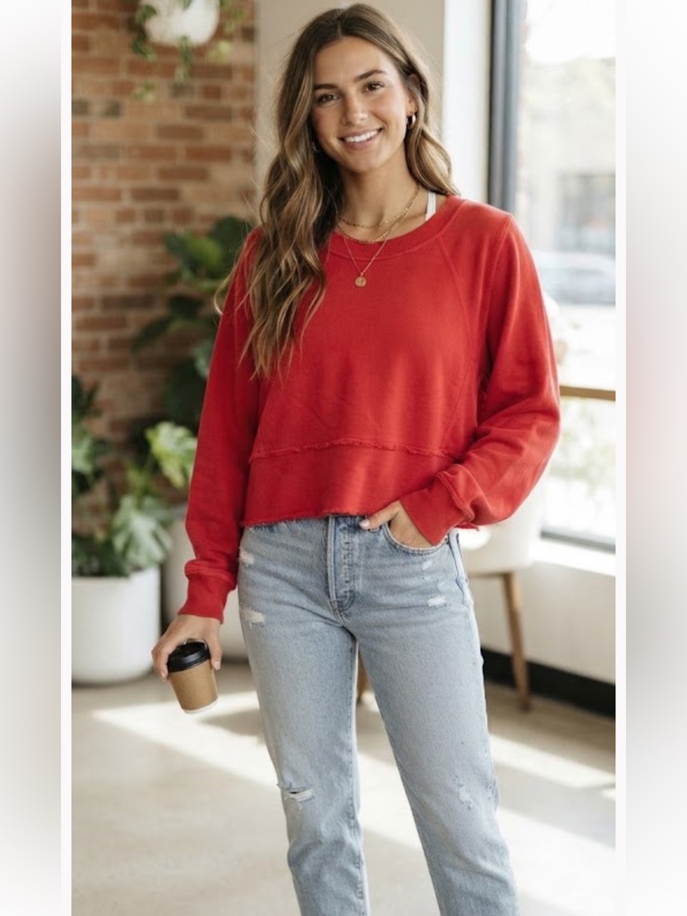 FP Movement by Free People Red Cropped Raw-Edge Sweatshirt